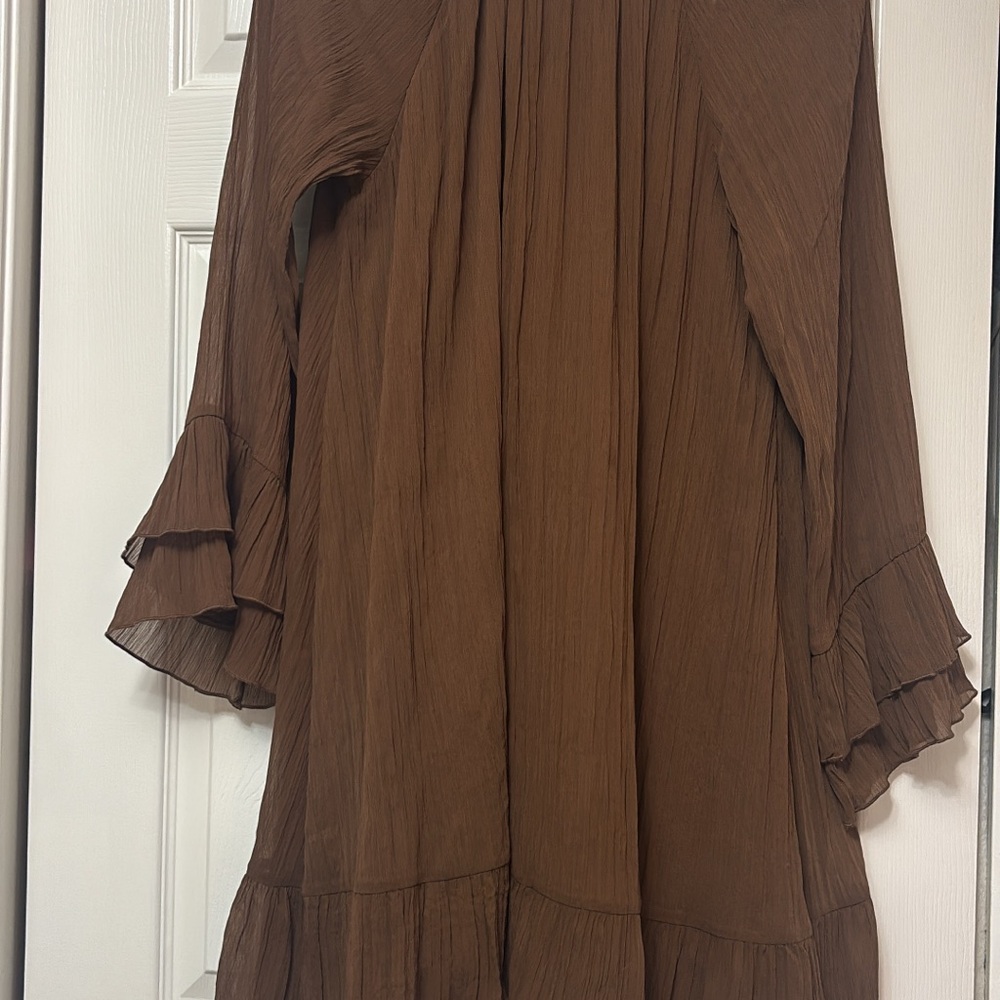 Brown Ruffled Long Sleeve Dress